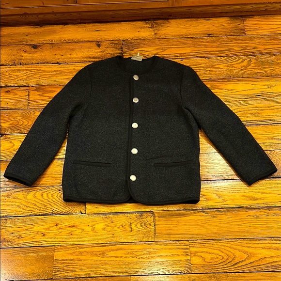 STAPF MENS DARK GRAY WOOL COAT WITH BLACK PIPING SILVER BUTTONS & SLIT POCKETS